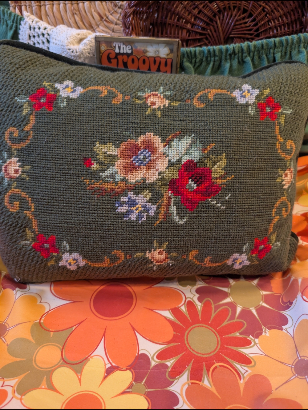Beautiful Vintage Needlepoint Floral Pillow